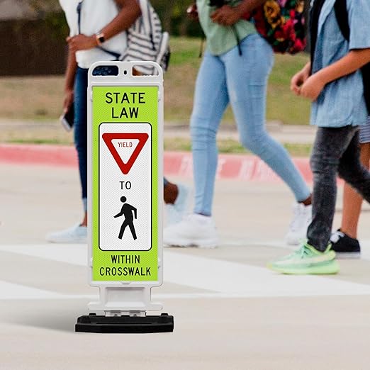 State Law Yield For Pedestrian Within Crosswalk R1-6a MUTCD Sign, Double Sided 3M Engineer Grade Reflective, Portable Rubber Base, Impact Resistant Plastic Frame