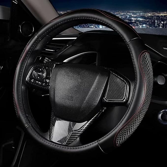 Leather - Car Steering Wheel Cover 15 inch Universal Fit Microfiber Steering Wheel Cover Anti-Slip, Soft, Breathable, Full Surround Car Wheel Cover (Red)