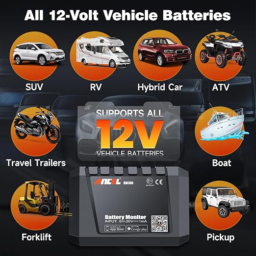 ANCEL BM300 12V Battery Monitor, Bluetooth 4.0 Automotive Voltmeter with Charging, Cranking System Test & Alarm - Compatible for Solar Power Systems, RVs, Motorcycles, Boats, Cars, and Trucks