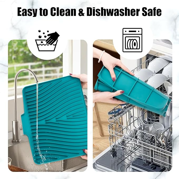 Silicone Dish Drying Mat for Kitchen Counter, Dish Drying Pad, Non-Slip Drain Pad with Built-in Drain, Heat Resistant Stone Drying Mat(15.8" x 13", Green)
