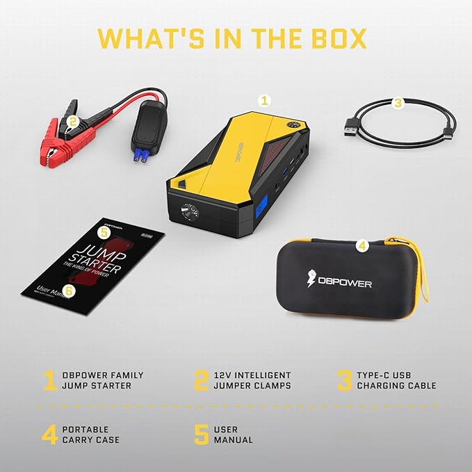 DBPOWER Peak 1600A 18000mAh Portable Car Jump Starter(up to 7.2 Gas, 5.5L Diesel Engines) Battery Booster with Smart Charging Port, LCD Display, Intelligent Jumper Clamps, Compass and LED Light
