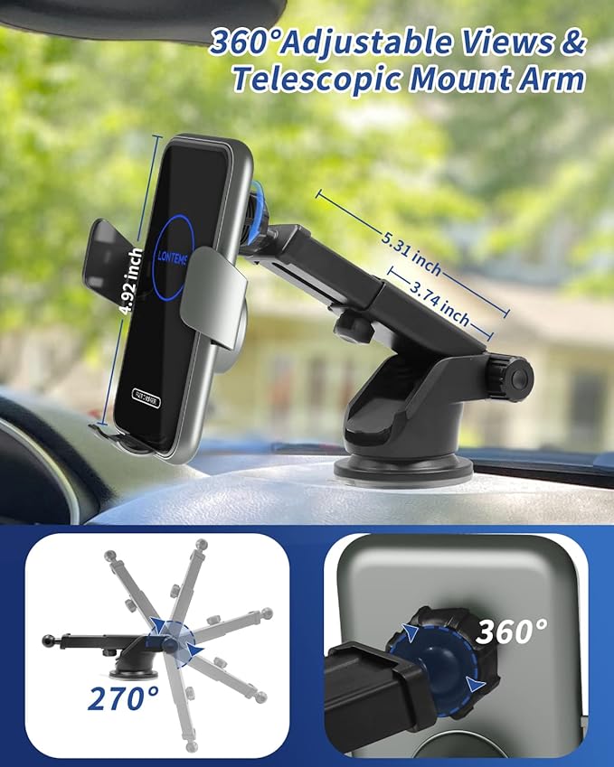 15W Car Mount Charger Qi Fast Wireless Charging Phone Mount, Windshield Dashboard Air Vent Auto Clamping Phone Holder for iPhone 11 12 13 14, 15, 16 Max Xs, Samsung S21 S22, S20, S10+ etc, Google Grey
