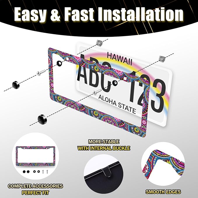 Purple Mandala License Plate Frame Hippie Boho License Plate Holder Stainless Steel Front and Rear Car Tags Auto Parts Funny License Plate Decoration with Screws for Men Women s 12.2"x 6.2"