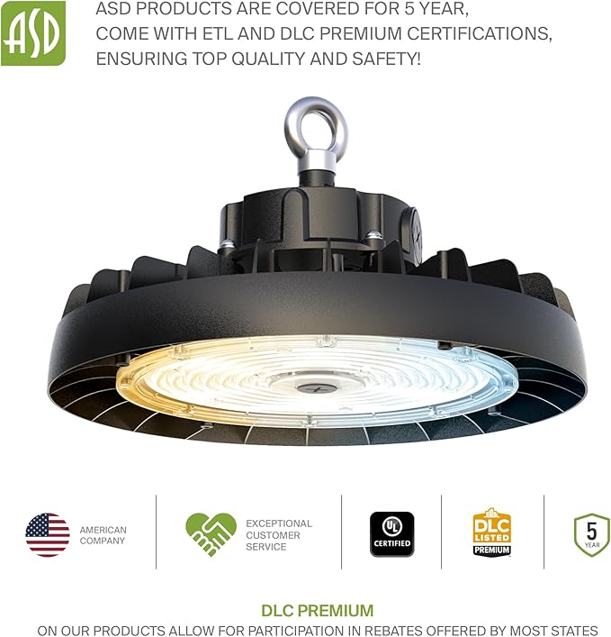 ASD LED High Bay UFO Light Fixture, Commercial Shop Lighting | 3CCT, Dimmable, IP69K Waterproof, DLC Premium, UL Listed | 240W 37600LM 3000-5000K 100-277V | Warehouse, Garage, Workshop Lamp | Black