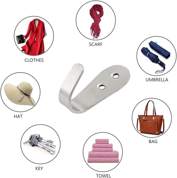 Stainless Steel Coat Hooks, Heavy Duty Metal Wall Mounted Hanger Hooks for Hanging Towels, Keys, Hats - Indoor and Outdoor Use - 8 Pack with Screws