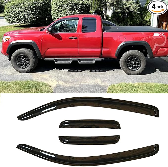 4pcs Original Shatterproof Outside Mount Style Window Rain Guards Durable Side Wind Deflectors Dark Smoke Nice Looking Vent Window Visors fit for 2005-2015 Toyota Tacoma Extended cab (Access) TY4P07
