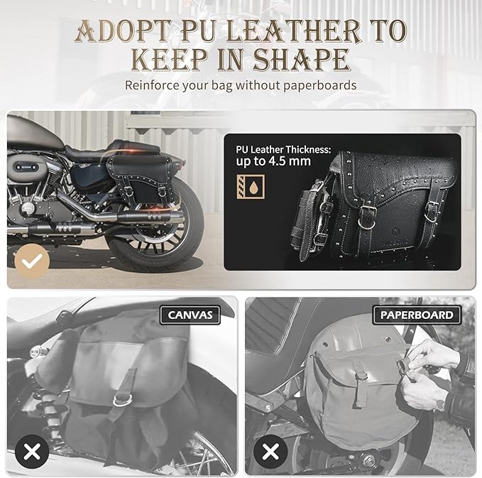 NICECNC Motorcycle Saddle Bags, PU leather Motorcycle Saddlebags, Reinforced Straps & Saddle Piece, with Cup Holder, Throw Over Saddle Bags Side Bags Universal Motorcycle Accessories bags, BlACK