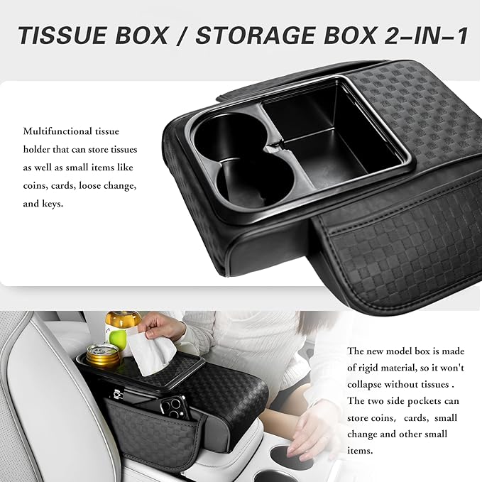 Car Center Console Cover, Armrest Cover for Storing Water Cups, Tissues, Cards, and Phones, 4-in-1 Center Cover with Soft Leather and High Resilience Memory Foam (Black)