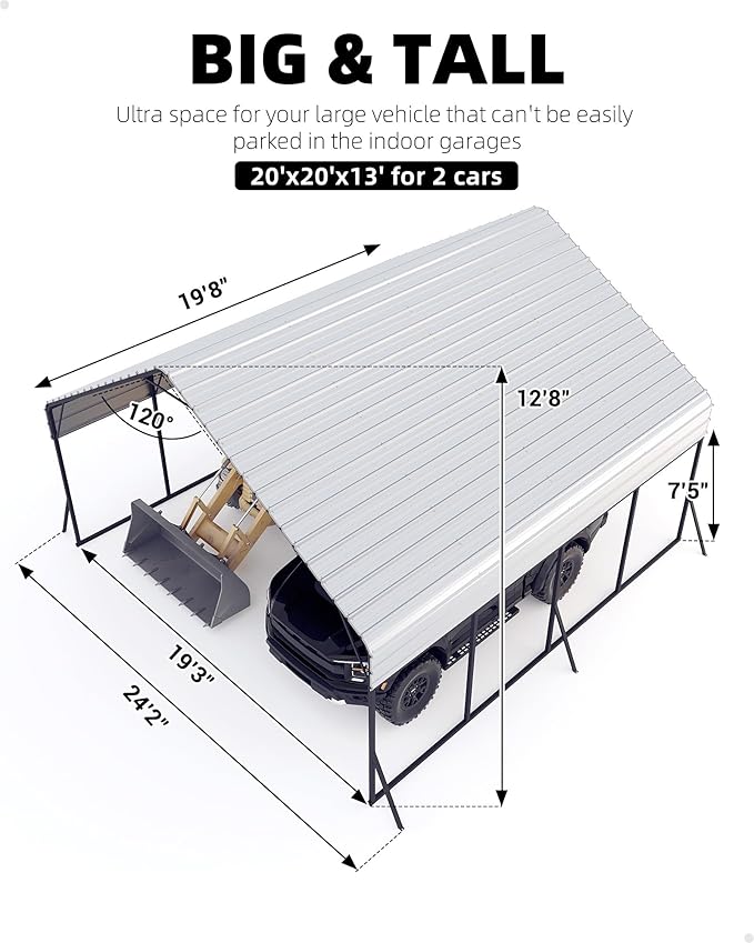 20'x20'x13' Metal Carport for 2 Cars, Heavy Duty Steel Frame for All Weather, Permanent Shelter for Boats, Full-Sized Pickup Trucks, and Tractors, N.W. 800 Lbs