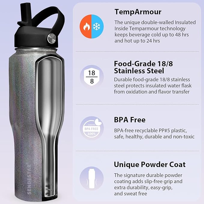SENDESTAR 32oz Stainless Steel Water Bottle(Cold for 48 Hrs, Hot for 24 Hrs),Double Wall Vacuum Insulated Bottle with Straw Lid, Spout Lid and Flex Cap, Fit in Any Car Cup Holder TXIN-32-Laser Grey