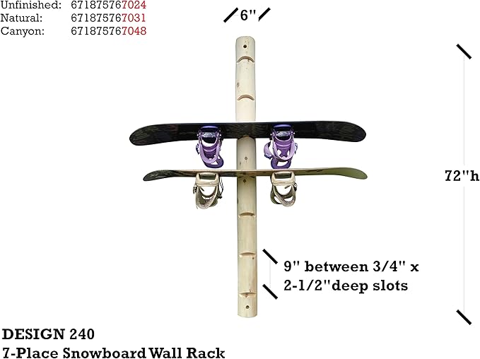 7-Place Wall-Mounted Snowboard Log Rack, Wakeboard Racks, Skateboard Holder Wall Mount, Vertical Snowboard Wall Mount Sport Storage for Garage, Skateboard Rack Walls, Wood Storage Racks - Natural