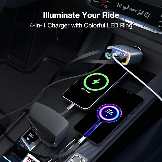 Retractable Car Charger 4 in 1, 131w Cigarette Lighter Adapter USB C, Type C Retractable Fast Charging Car Charger Adapter Multi Port for iPhone16/15/14/13/12/11, Samsung and More