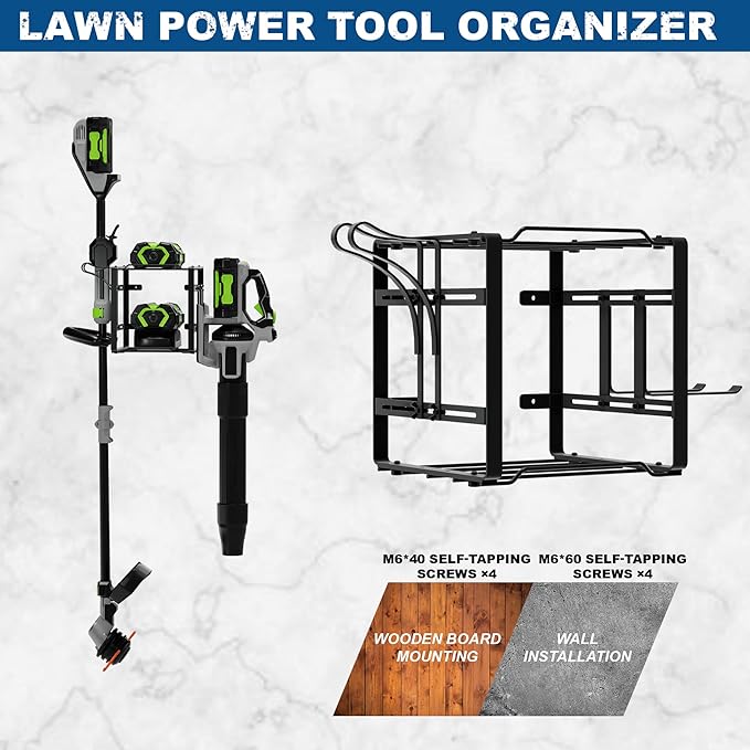 Pugala Universal Storage Rack for Leaf Blower, Weed Eater, and Power Tools – Adjustable Wall Mount Organizer with Heavy-Duty Steel, Powder-Coated Finish, and Battery Storage – Black