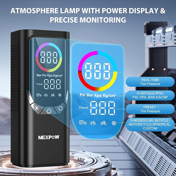 NEXPOW NP17 Portable Air Compressor, 150 PSI Digital Tire Inflator, Fast Inflation with Auto Shut-Off, LED Light, Multiple Nozzles for Car, Bike, and Ball, Compact Design, Grey