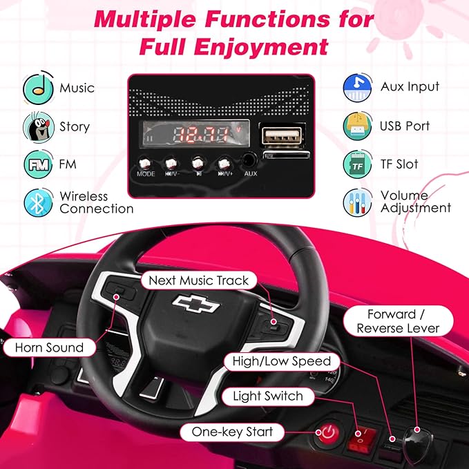 HONEY JOY Ride On Truck, 12V Licensed Chevrolet Tahoe, Chevy Electric Vehicle for Kids, Soft Start, Music, Lights, Battery Powered Ride On Car Toy with Remote Control, Gift for Boys Girls (Pink)