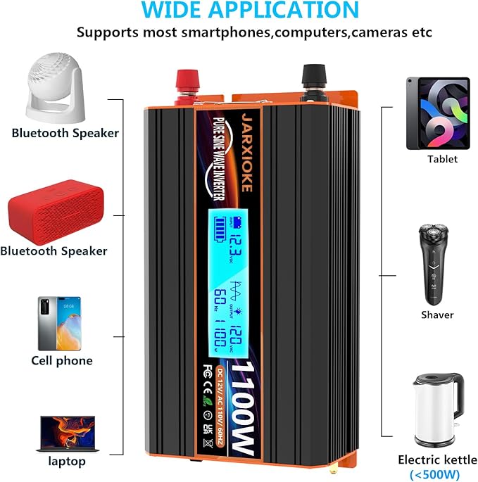 1100 Watt Pure Sine Wave Power Inverter 12V DC to 110V 120V Converter for Family RV Off Grid Solar System Car with Type-C Ports 2 AC Power Outlets Dual USB Ports LCD Display Wireless Remote Control…