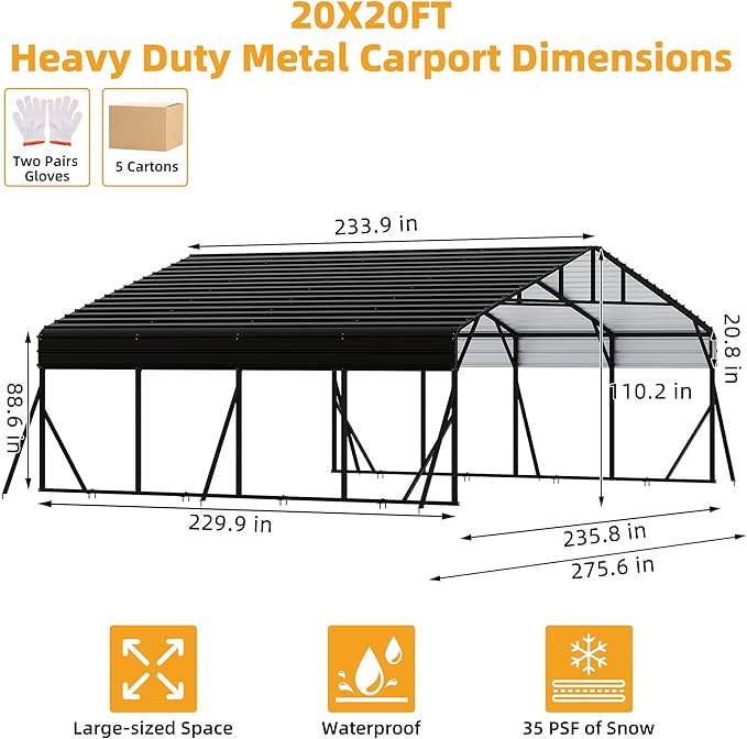 20' x 20' x 8.5' Heavy Duty Metal Carport with Galvanized Steel Roof, Steel Carport Kits Outdoor with Metal Roof, Galvanized Car Shelter for Tractors, Pickup, Boat, Car