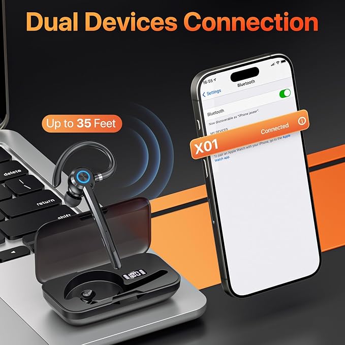 Bluetooth Headset with Microphone,V5.4 Bluetooth Earpiece with Charing Case 150H Standby Time Hands Free Headset with Noise Canceling for Work Business Office Trucker(Black)