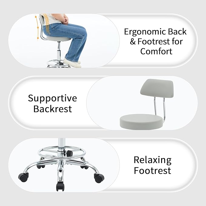 Drafting Stool (Height Adjustable Office Chair with Footrest 19.5’’-26.6’’)(Drum Stool with Back) Space Saving Tattoo Chair (Gray)
