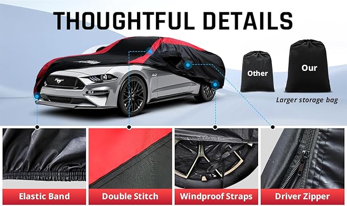 Mustang Car Cover Waterproof All Weather with Red Strip Design, Custom Fit for Ford Mustang 1994–2025, Mustang Accessory with Door Zipper & Windproof Straps