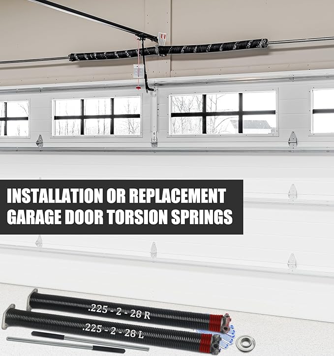Garage Door Torsion Spring Set, Pair of 2" Electrophoresis Coated Garage Door Spring Replacement with 2 Non-Slip Winding Bars and Bearing, Minimum 16000 Cycles (.225x2x28")