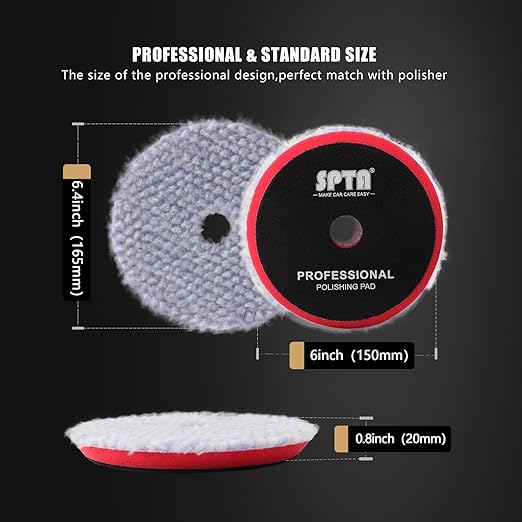 SPTA Wool Polishing Pad, 2Pcs 6''(150mm) Coarse Wool Cutting Pad, Coarse Pad BlueWool Buffing Pads Set with Hook and Loop for Heavy Cut for Car Polisher, Buffing and Polishing