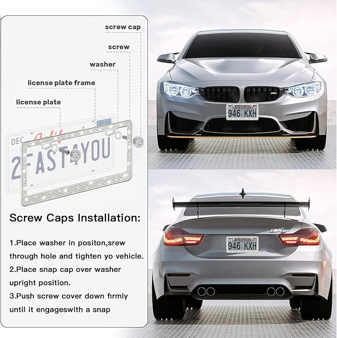 2 Pack License Plate Frames for Women, Sparkly Rhinestone Diamond Car Accessories with Glitter Crystal Caps (White (2PCS))