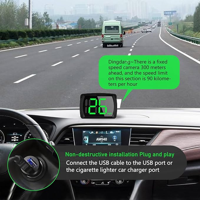1 PC Speedometer HUD for Cars Trucks Motorcycles USB Plug & Play Digital MPH Speed Meter Head Up Display with Shading Plate Car Charger Adapter