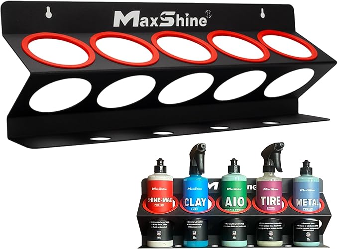 Maxshine Universal Detailing Spray Bottle Holder - Mobile Detailing & Car Garage Organizer, Holds 5 Sprayers (16oz) with 4 Small Holes, Lightweight Design, Easy Wall Mounting (Set 1)
