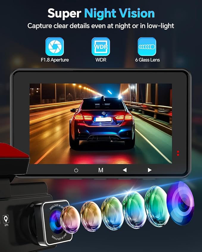 Dash Cam Front and Rear 4K+1080P, Dash Camera for Cars Built-in GPS WiFi, App Control, 64GB Card, 3 Inch IPS Screen Dual Dashcam Car Camera with ADAS, Night Vision, Loop Recording, G-Sensor