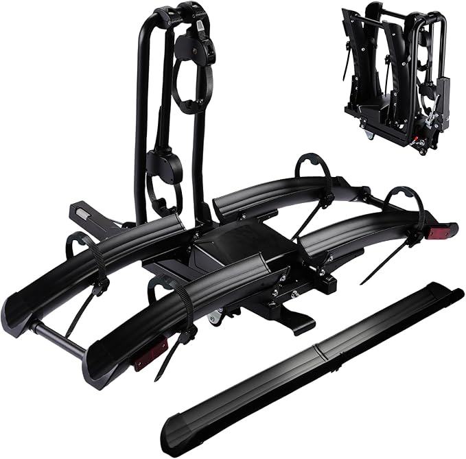 Foldable Electric Bike Rack Hitch Mount with Ramp for 2" Receiver, 2 Bike Rack for Car, Up to 4’’ Fat Tire, 136 lbs Capacity, with Locks, Tiltable, Wheels for Easy Transport