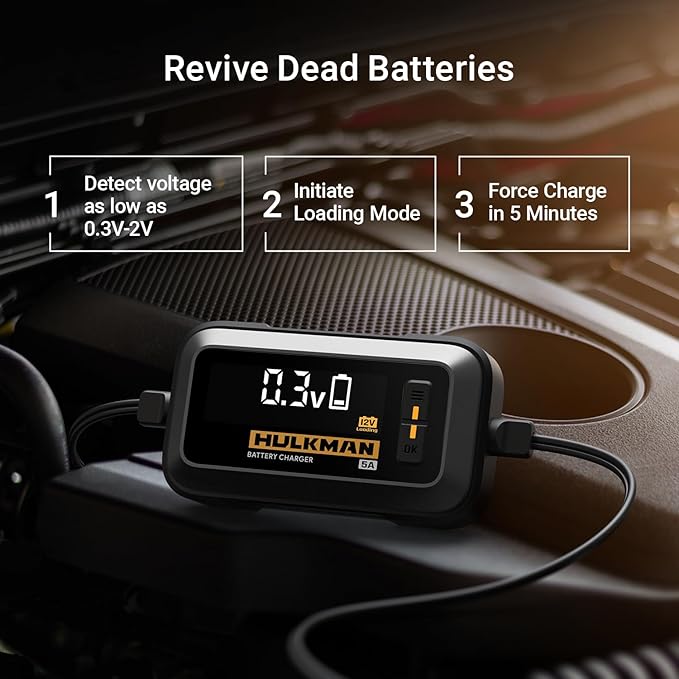 Hulkman Sigma 5, 5A Car Battery Trickle Charger, 12V and 6V Smart Charger, LiFePO4 and Lead-Acid Battery Automotive Maintainer with 3.2-in LED Display for Automobile, Motorcycle, ATV