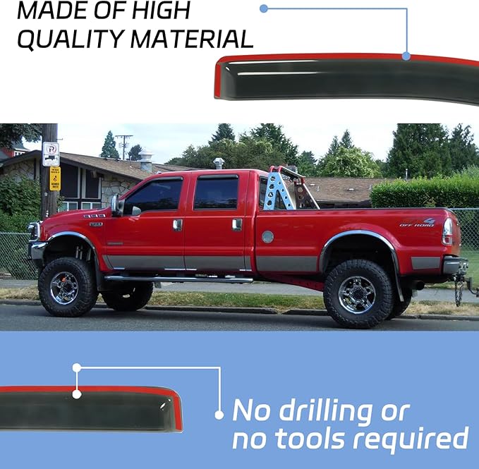 4 PCS Rain Guards Fit for 1999-2016 Ford F250 F350 F450 F550 SuperCrew Super Duty Truck (4 Full Doors), Outside Mount Side Window Visors Deflector, Smoke Tinted Vent Visors Shade
