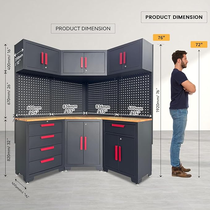 Corner Workshop Set - 10-Pcs Garage Cabinets and Storage System with Corner Cabinet, Cabinet Drawers, Workbench, Pegboard for Tool Organization, Red and Black