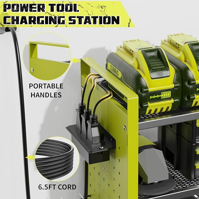 Power Tool Organizer with Charging Station Wall Mount, 3 Layer Expanded Heavy Duty Garage Organization, 48.8 Inch Length Garage Tool Storage, 4 Drill Slot, 16" Standard Hole, Green