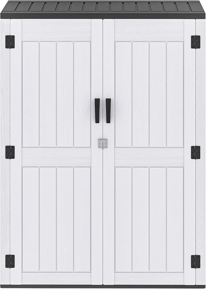 DWVO 59 Cu. Ft. Vertical Storage Shed, Weatherproof Outdoor Tall Cabinet with Double-Wall Panels and Floor, Lockable Resin Shed for Garden, Garage, Patio, Light Gray (Shelves Not Included)