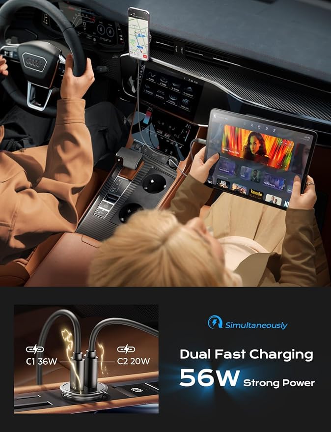 AINOPE USB C Car Charger for iPhone 15, Smallest 56W Car Charger Adapter Fast Charginig, PD 3.0 Dual USB Compatible with iPhone 15 Pro Max Plus/14/13 Pro/12 Pro/12 Mini, Galaxy, iPad Pro