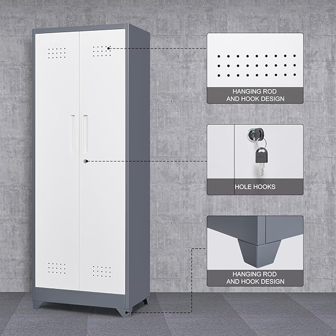 GREATMEET 65" Garage Storage Cabinet, Broom Closet Storage Cabinet, Metal Cabinets with Doors and Shelves, Utility Closet for Brooms and Mops, Utility Cabinets for Storage, Grey&White