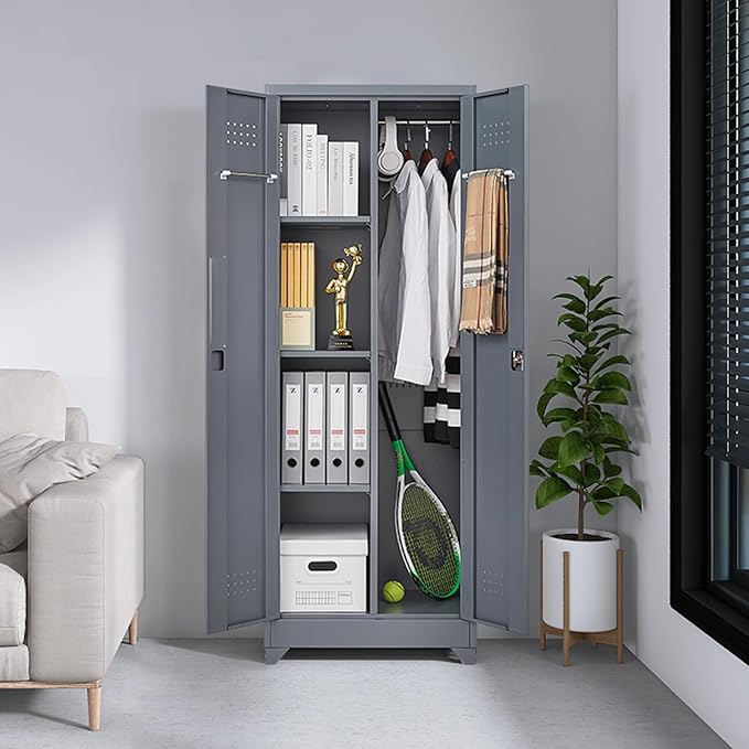 GREATMEET 65" Broom Storage Cabinet, Metal Utility Closet for Brooms and Mops, Cleaning Supply Cabinet with Pegboard, Multifunctional Metal Garage Mop Storage Closet, Grey