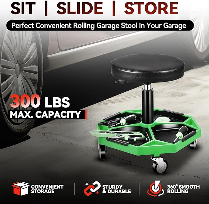 Auto Dynasty Mechanic Stool, Adjustable Rolling Pneumatic Creeper Garage Shop Seat with Tool Tray, 300 LBS Roller Seat for Workshop Auto Repair, Adjustable Height 15.7" to 21", Green
