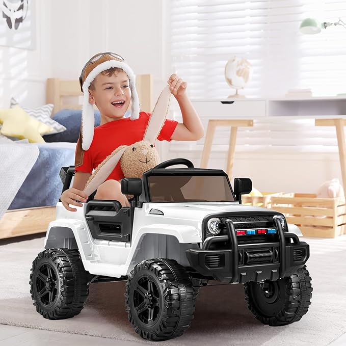 JOYMOR Ride on Truck with Remote Control, 4 Wheels 12V Battery Powered Kids Car, with LED Headlight/Horn Button/ MP3 Player/USB Port/Forward Backward/Kids Girl Boy (White)
