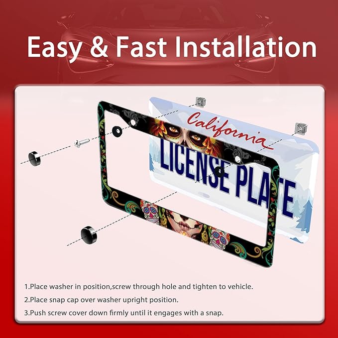 Personalise Sugar Skull Retro License Plate Frame Colorful Candy Skulls License Plate Car Universal Stainless Steel Accessories Cars Decor 2 Holes Screws Fits Standard US Vehicles Size 12.2 x 6 Inch
