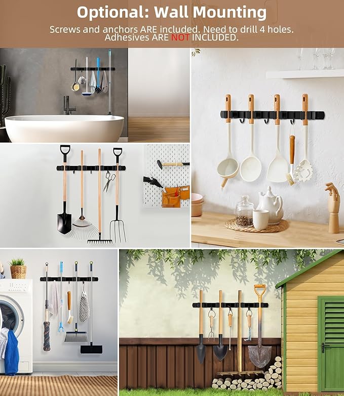 Broom Holder Over The Door 2Pack - 304 Stainless Steel Mop and Broom Hanger Wall Mounted or Hanging Over The Door with Hooks - Tool Organizer for Garage Closet Laundry Kitchen Decor