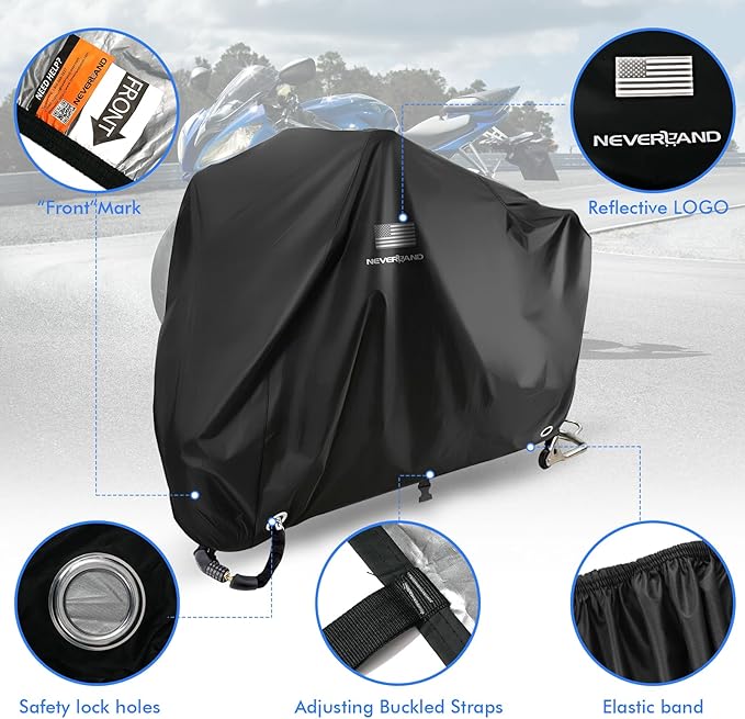 NEVERLAND Motorcycle Cover Waterproof Outdoor - Black Heavy Duty Scooter Cover, Motorbike Cover with Refletive Logo, Lock-Hole, Bandage, Storage Bag-Protect Against Dust, Debris, Rain (XXXL)