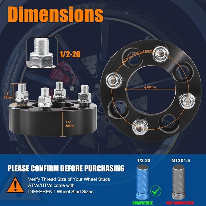 GAsupply 4x4(4X101.6mm) Wheel Spacers Fits for EZ GO EZGO Club Car Golf Carts & ATV, 4x100 to 4x100 Black ATV Wheel Spacer 1.5” / 38mm, 68mm Hub Bore, 1/2"-20 Thread Pitch, 4 Pack (1.5", Black)