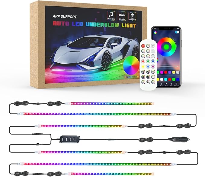 Car LED Underglow Lights - 6Pcs Car Underglow Neon Accent Strip Lights with Dream Color Chasing, APP Control 12V 300 LEDs Underbody Lights, Waterproof Underglow Led Light Kit for Cars, Trucks, Boats