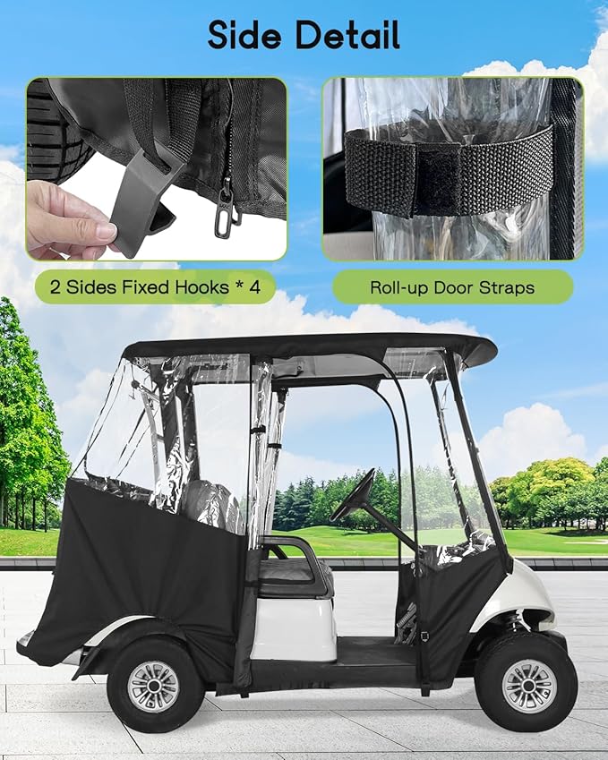 Golf Cart Enclosure 2 Passenger for Yamaha G29 Drive 2 Enclosure Waterproof Windproof Driving Rain Cover Fit 2-Seater Short Roof with 4-Sided Clear Windows Mirror Openings Roll-up Zipper Door Black