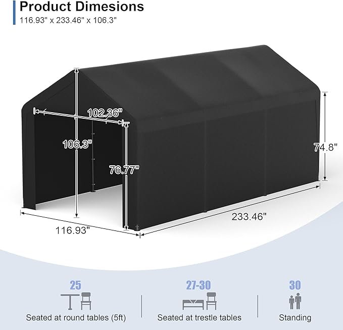 Carport 10x20 Heavy Duty Portable Garage w/Removable Sidewalls & Roll-Up Door Car Canopy Party Tents Waterproof UV Resistant All Weather Car Port for Trucks,Boats (Black)