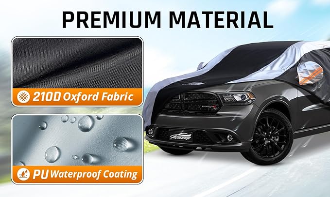 Dodge Durango Car Cover Waterproof All Weather with Silver Strip Design, Custom Fit for Dodge Durango 2005–2025, Durango Accessory with Door Zipper & Windproof Straps