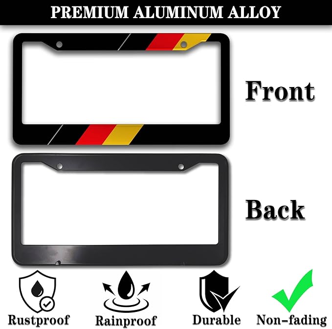 License Plate Protector Black, Yellow, and Red License Plate Frames German Flag Aluminum Metal Car Accessory 2 Pack with Screw Covers Set